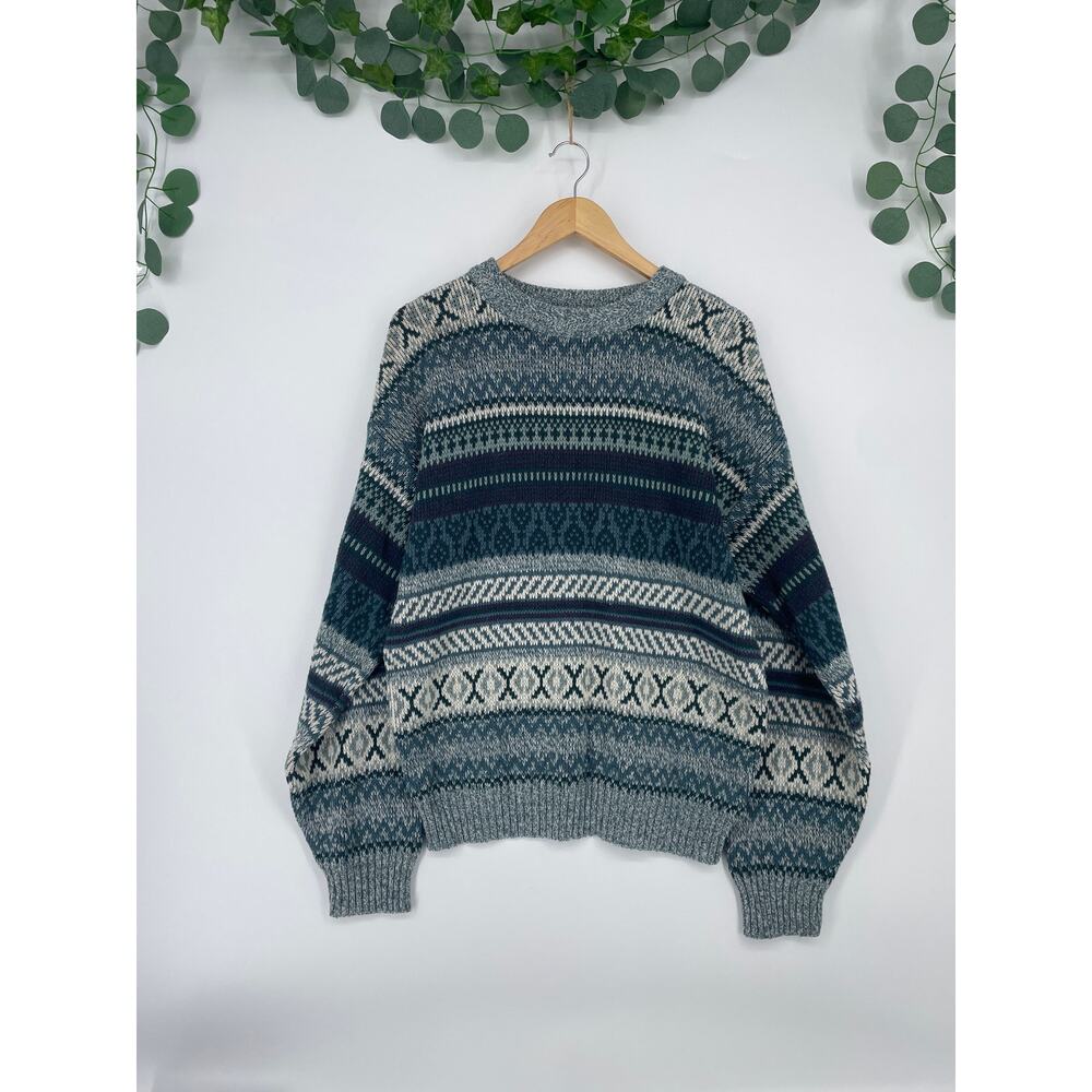 Vintage 80's Sears Mens Store Geometric Sweater Green Blue Grey Made in Korea L